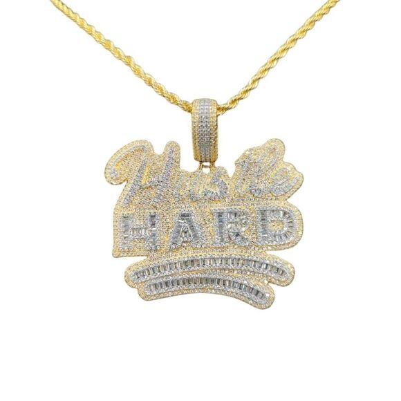 14K Yellow Gold Finish Hustle Hard  - Free 24inch x 3mm Rope Chain. - Picture 6 of 8